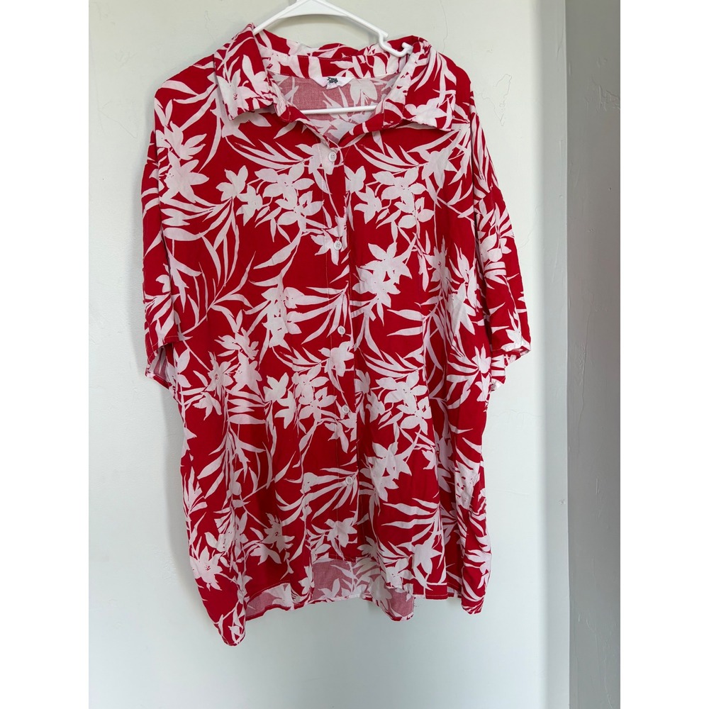 Ascot and Hart Mens 3X Red White Floral Tropical Rayon Short Sleeve Button Shirt